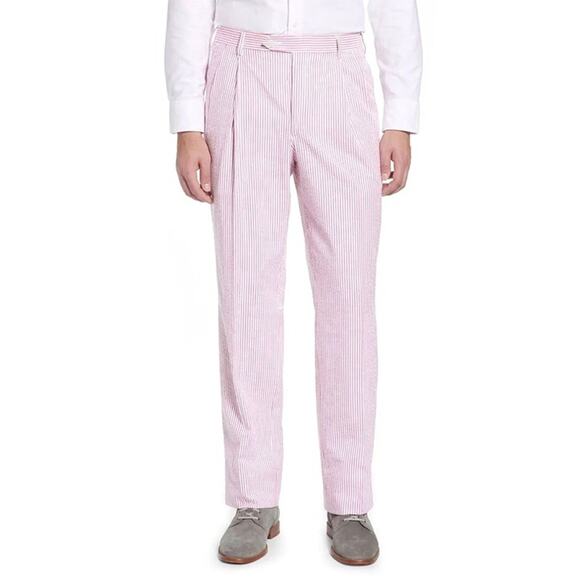 Seersucker Striped Cotton Pant 34R (Windsor Double Reverse Pleat) by Berle